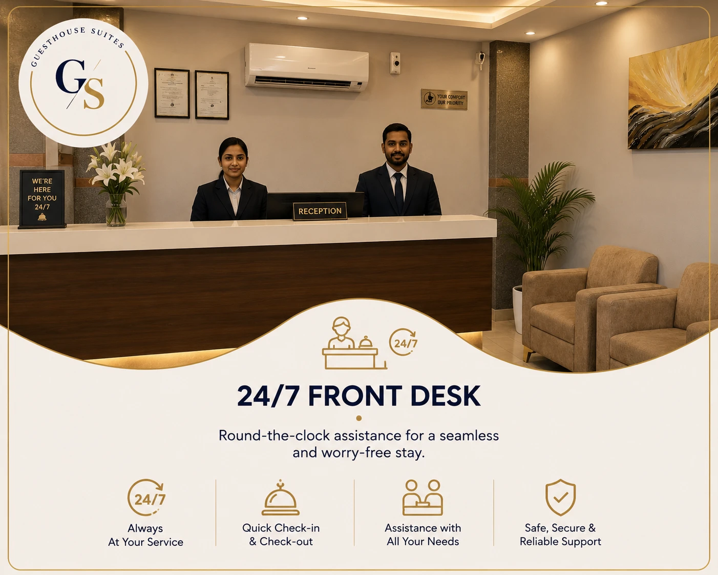 24-hour reception and guest assistance at Guest House Suites Bangalore