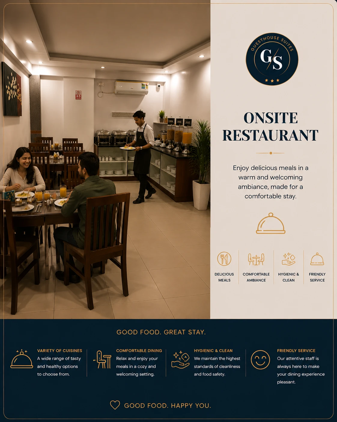 Onsite restaurant with breakfast dining setup at Guest House Suites Bangalore