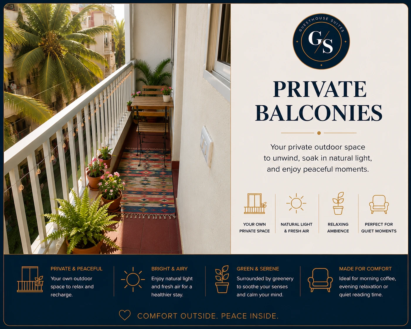 Private balcony seating and open-air views at Guest House Suites Bangalore