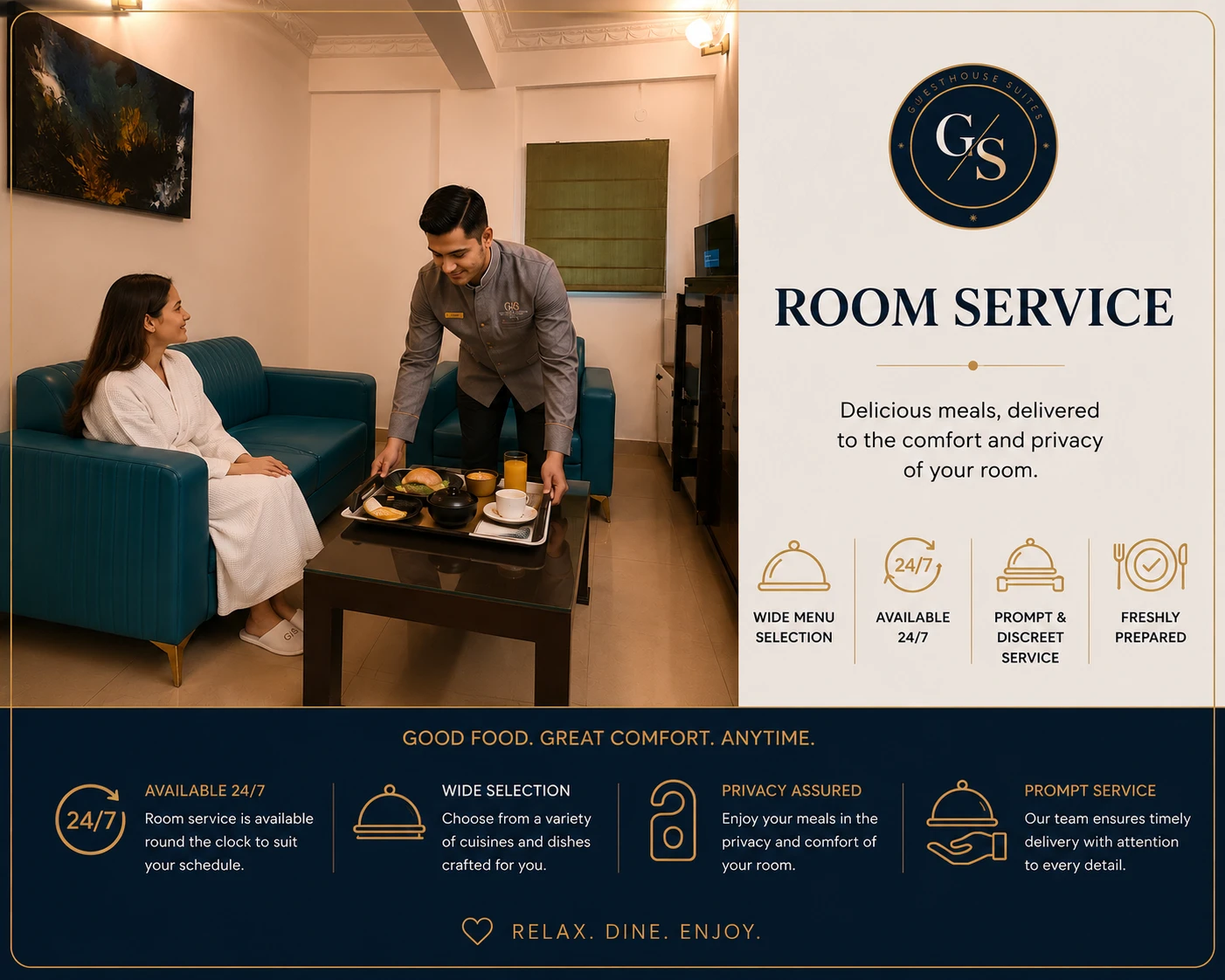Staff serving in-room dining and room service at Guest House Suites Bangalore