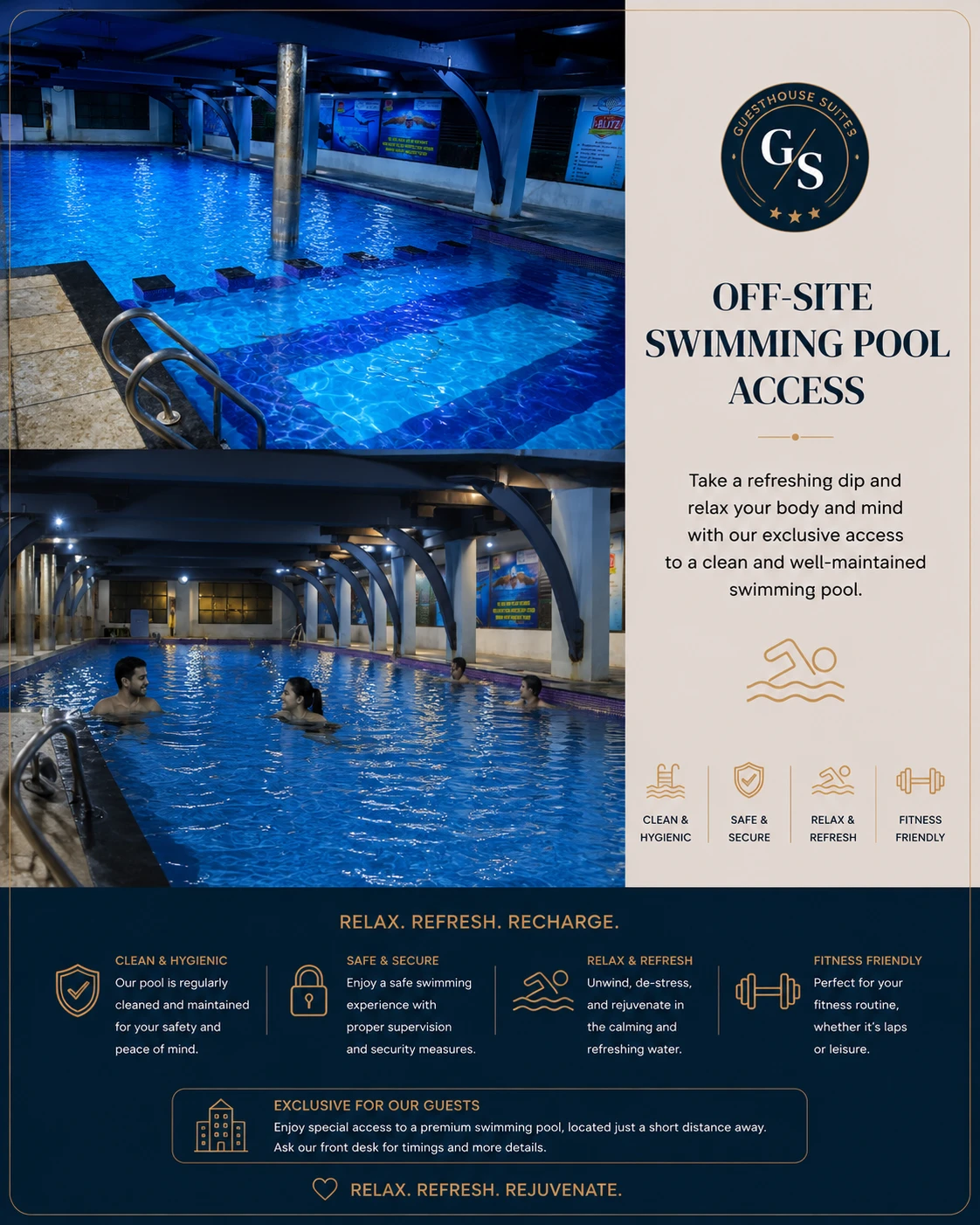 Indoor swimming pool access available for Guest House Suites guests