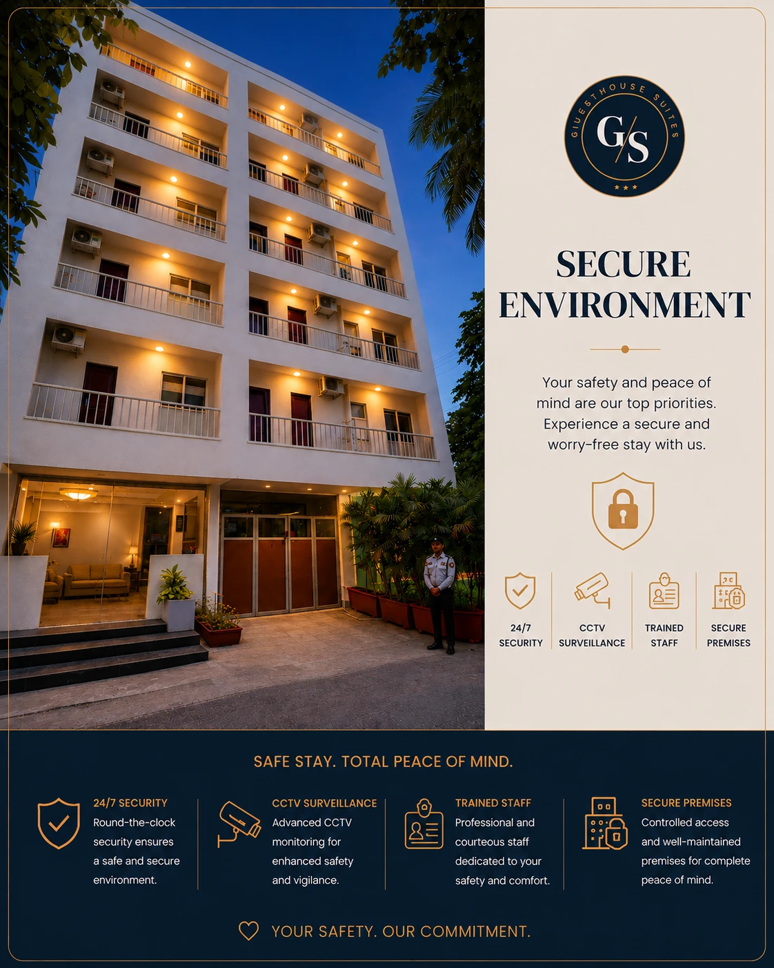Secure property entrance with discreet security presence at Guest House Suites Bangalore
