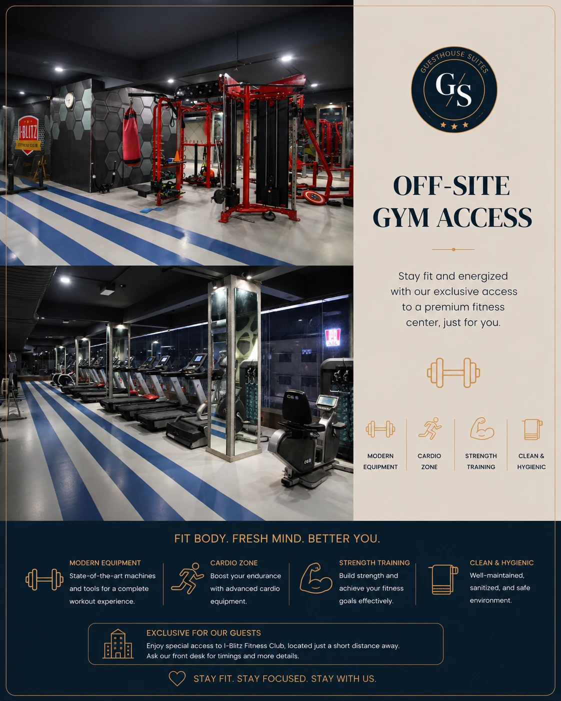 Modern off-site gym facility accessible for Guest House Suites guests