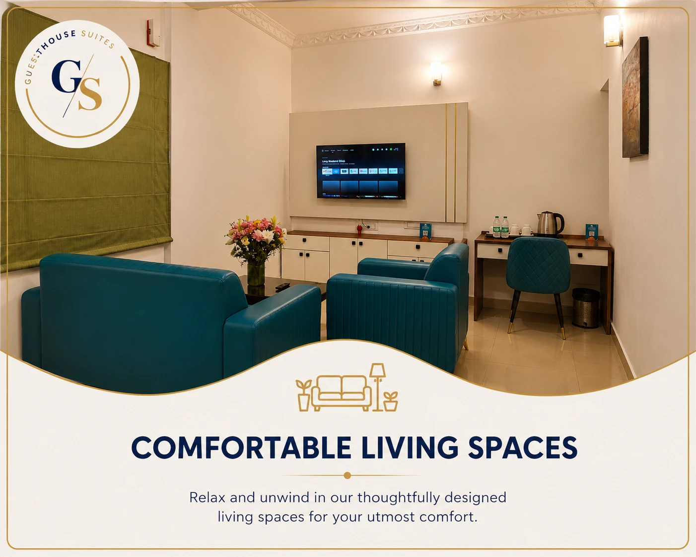 Comfortable living area with sofa seating and smart TV at Guest House Suites Bangalore