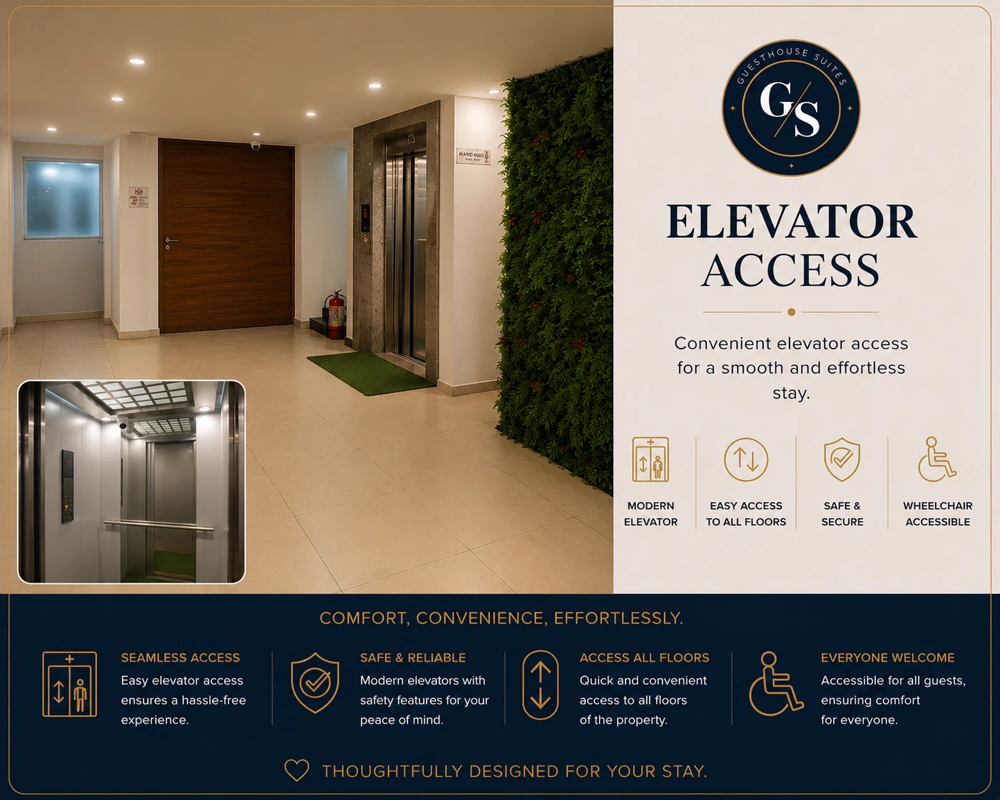 Modern elevator access and lift lobby at Guest House Suites Bangalore